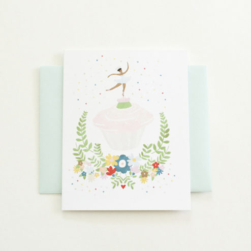 Illustrations of Ballerina on a Cupcake with garlands and flowers Notecard