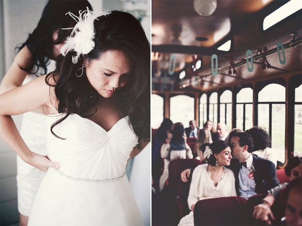 Bride getting ready, bride and groom on a train kissing, by Marianna Jamadi