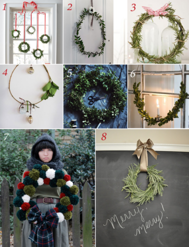 Examples of DIY Christmas Wreaths using pom-poms, herbs and other leaves/bushes